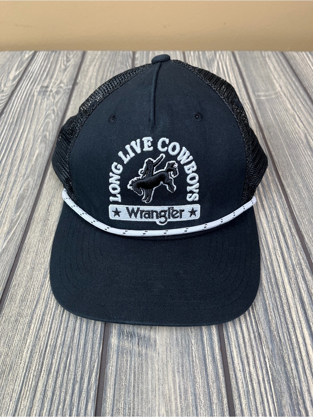 Wrangler Long Live Cowboys Trucker Hat Black and White